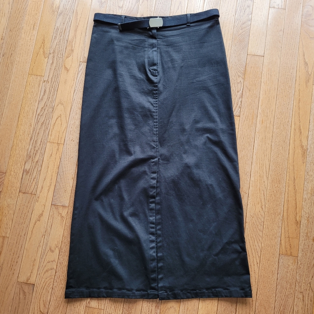 Cotton Ginny Long Cotton Straight Skirt Slit Belt Black Size 13
